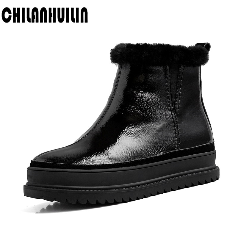 

women shoes winter snow boots flat winter plush platform ladies warm shoes leather fur women ankle boots female zip, Black