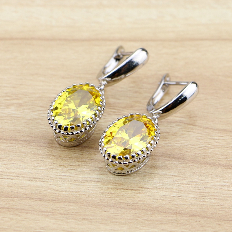 

Oval Golden Cubic Zirconia Jewelry Drop Earrings 925 Silver Dangle Earring For Women Free Jewelry Box