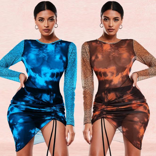 

Long Sleeve See Through Shirring Ruched Dress Women Party Club Dress Sexy Mesh Women Bodycon Dresses Fashion, Blue
