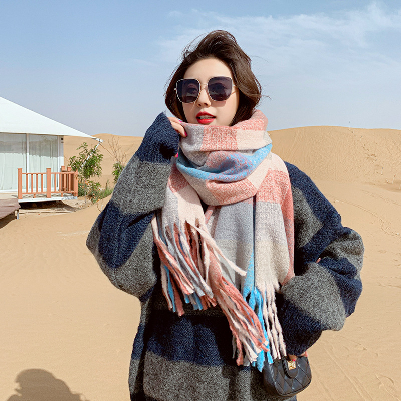 

Royalmaybe New color matching cashmere plaid scarf women thickened warmth and contrast color fringe long shawl scarf Striped