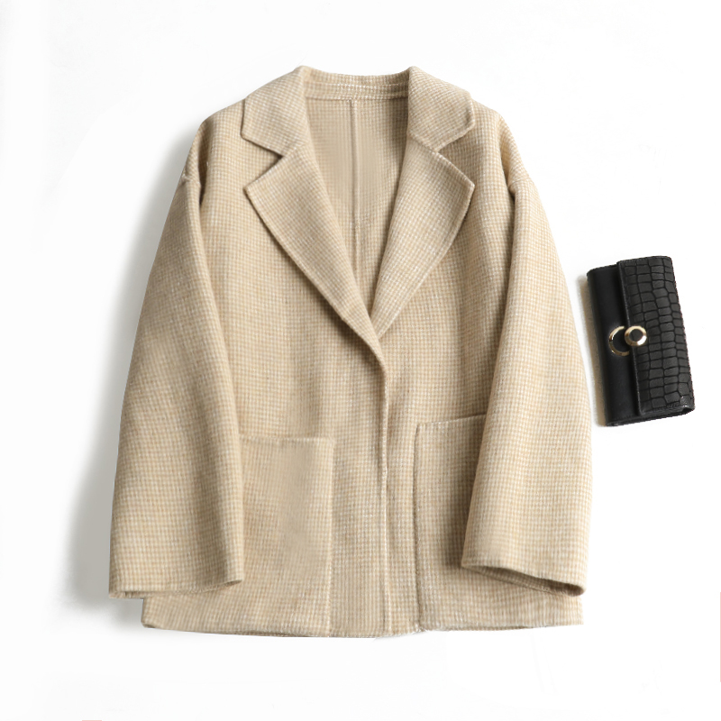 

Brand Jacket Wool Cashimere Coat Short Woolen Coat Solid V-neck Wide-waisted Office Lady Wool Autumn Women Oversized, See chart