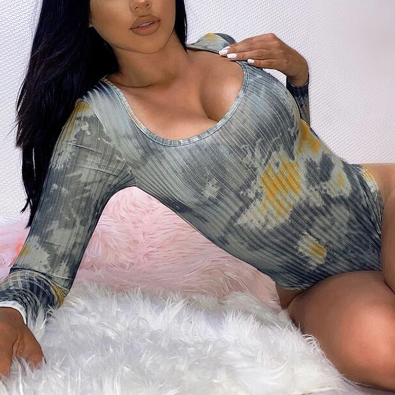 

BKLD 2020 New Arrival Women' Streetwear Bodysuit Tops Tie-dye Printed Long Sleeve U Neck Bodycon Lady Casual Fashion Playsuit, Gray