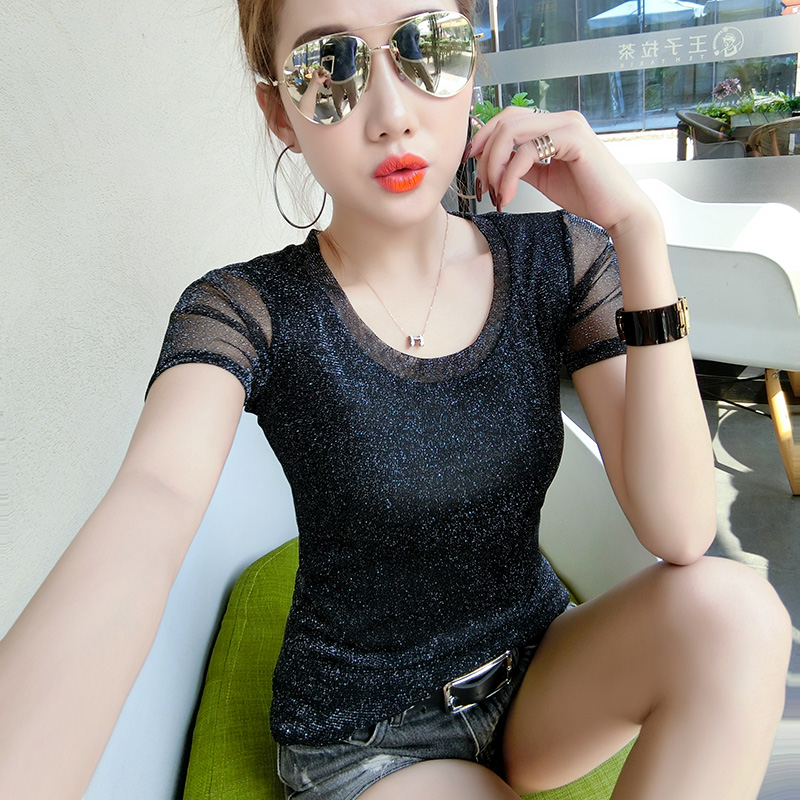 

Korean 2020 Summer Shiny Tshirt Women Mesh Slim Short Sleeve Women Tops Camiseta Mujer Basic Tshirt Woman Office Lady T95006, Coffee tshirt