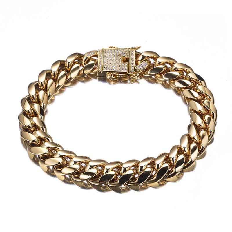 

Hot Sale 12MM Wide Gold Tone Mens Rhinestone 316L Stainless Steel Curb Cuban Link Chain Bracelet Male Jewelry 7-11