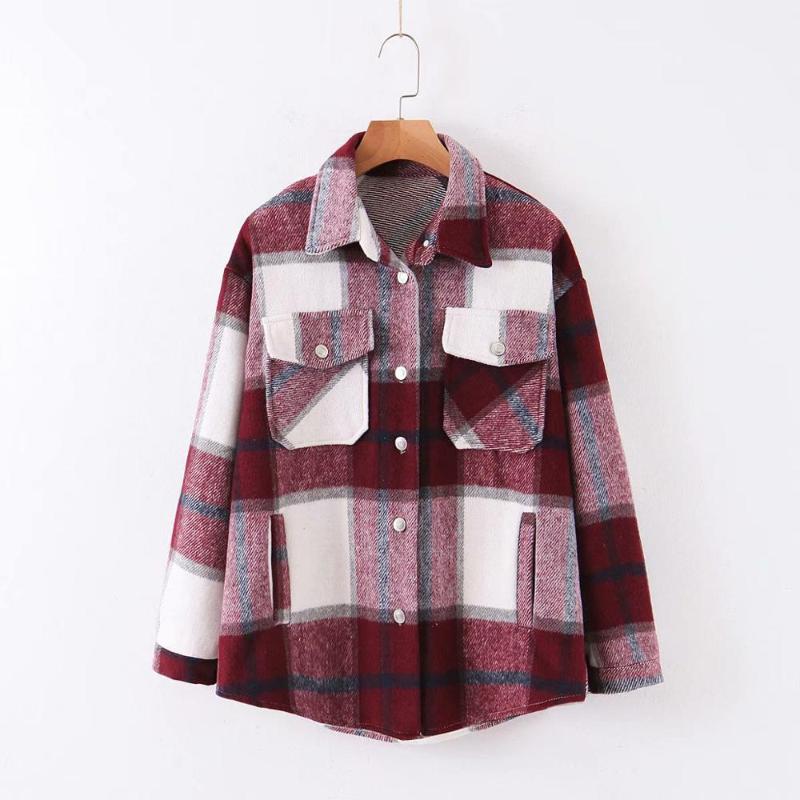 

Klacwaya New women Woolen Plaid top skirt 2020 ladies fashion long sleeve Lapel coat chic tops, White