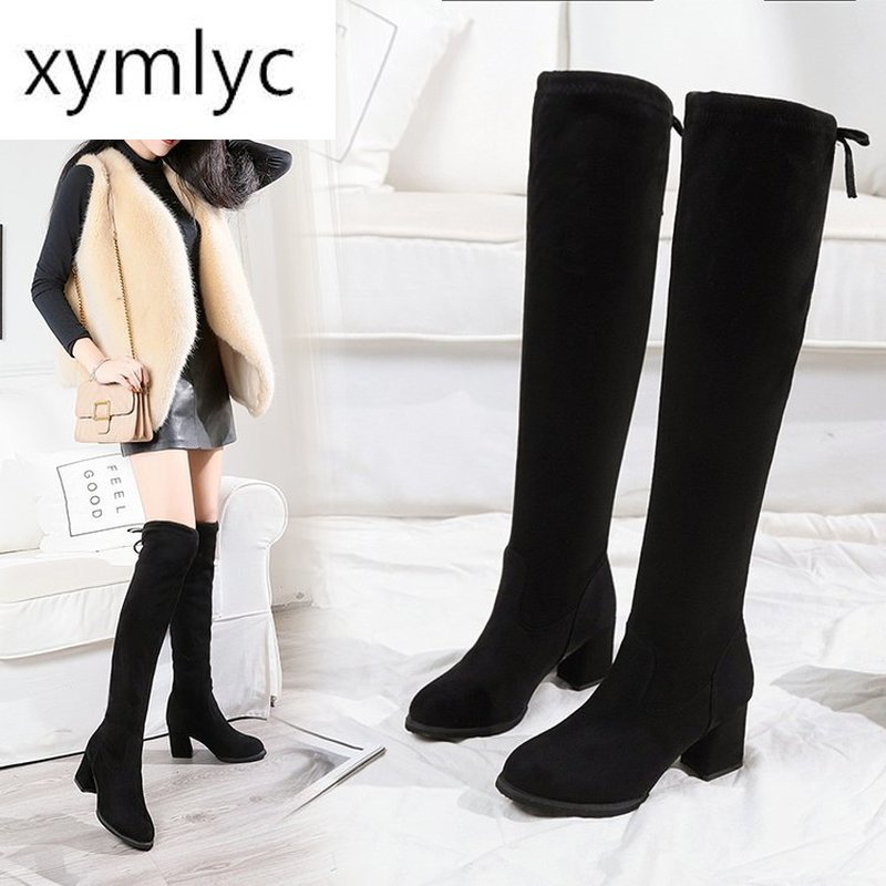 

2020 Winter new suede round head high skinny stretch boots women sexy over-the-knee boots women plus cotton warm mujer, Black