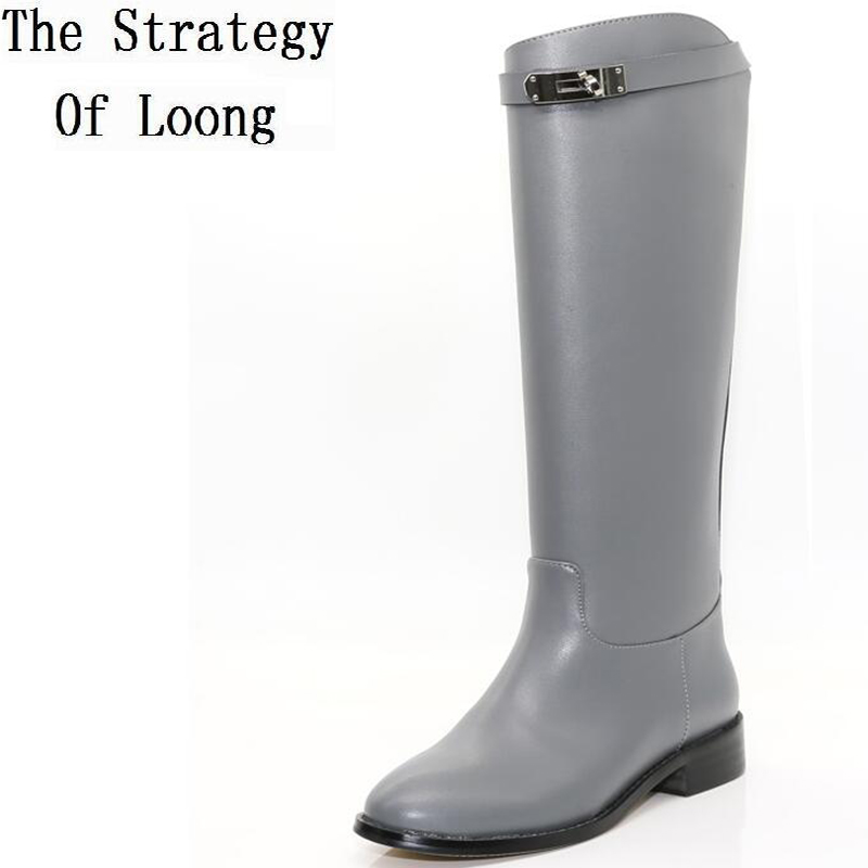 

2020 New Winter Genuine Leather Buckle Short Plush Long Boots Women Spring Autumn Cow Leather Pure Color Knee High Boot ZY170929, Apricot winter