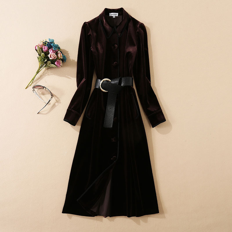 European and American women's wear 2020 autumn new style Long sleeve lapel single breasted Fashionable belted velvet dress-image-578542799