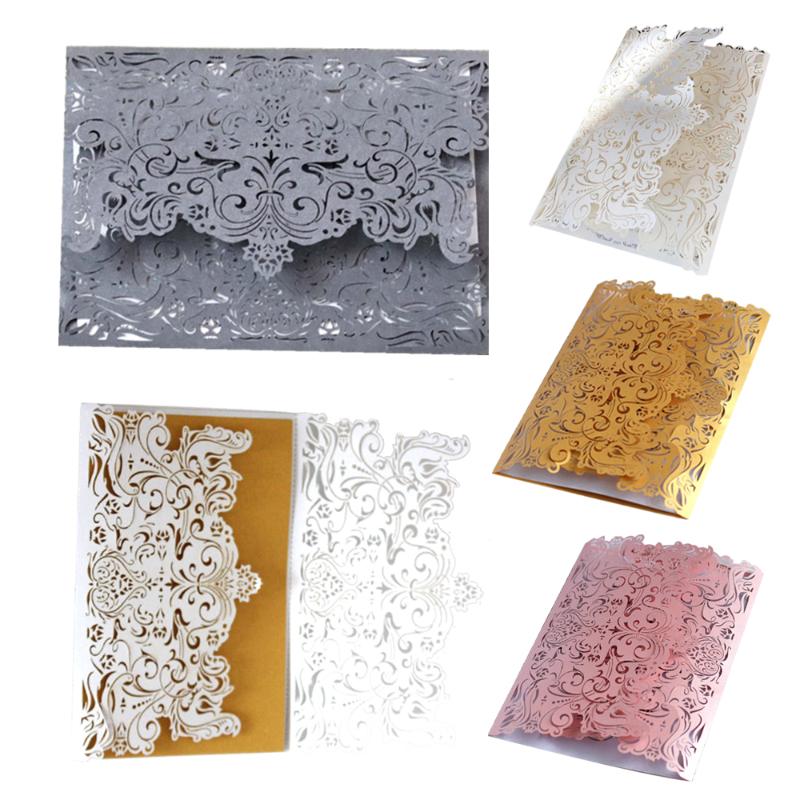 

10pcs / lot White Hollow Laser Cut Wedding Invitations Elegant Engagement Wedding Invitation Card With Conveyor Belt Envelope Se