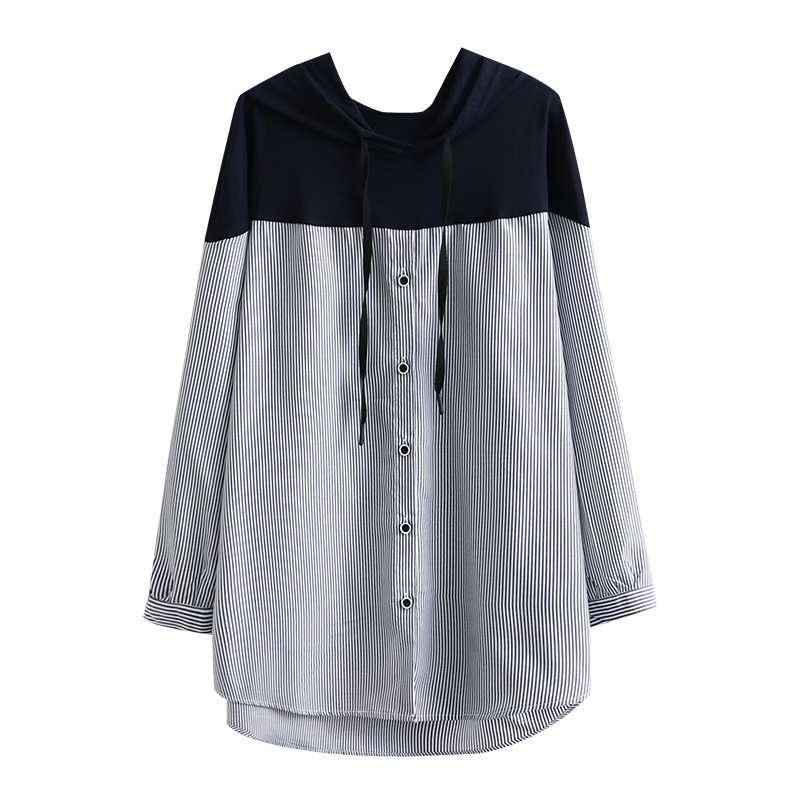 

Autumn Women Hooded Shirts Ladies Tops Female Long Sleeve Blouses Stripe Splice Loose Plus Size Clothing G1 A33, Black