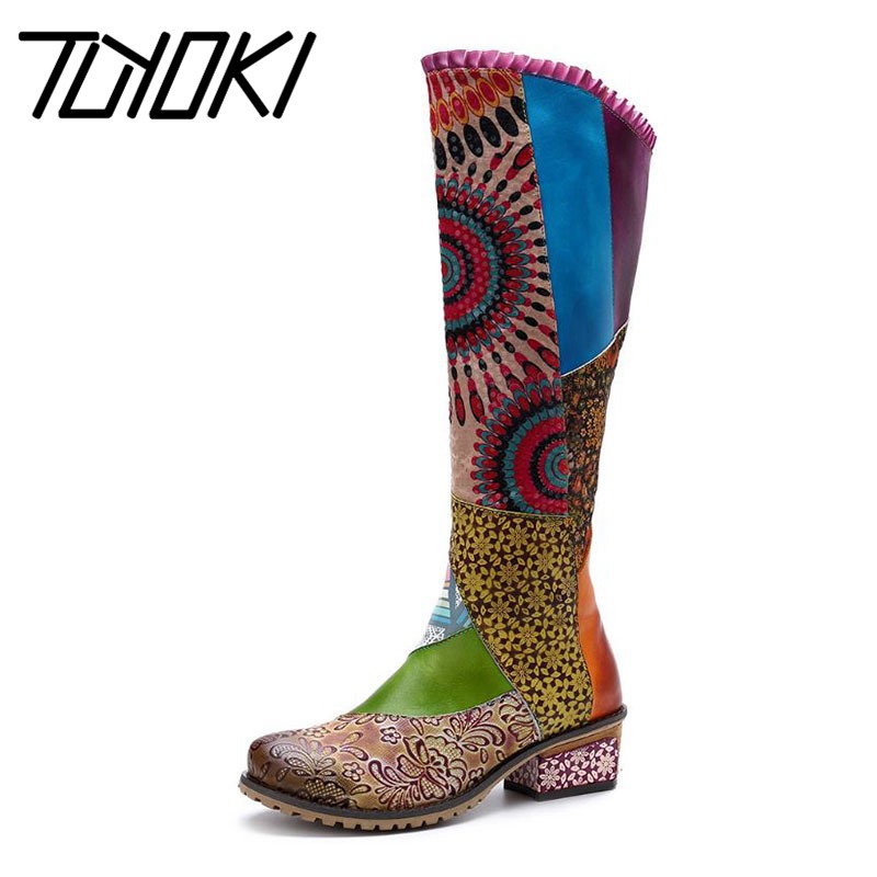 

Tuyoki New Ethnic Style Genuine Leather Women'S Boots Stitching Fashion Print Knee High Boots Casual Women Shoes Size 37-42, Yellow green