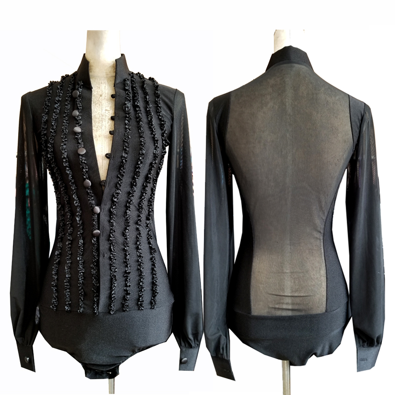 

New Lace Pleated V-Neck Professional Latin Dance Competition Tops Men Tango Salsa Cha Cha Dancing Performance Shirts DNV13510, Black