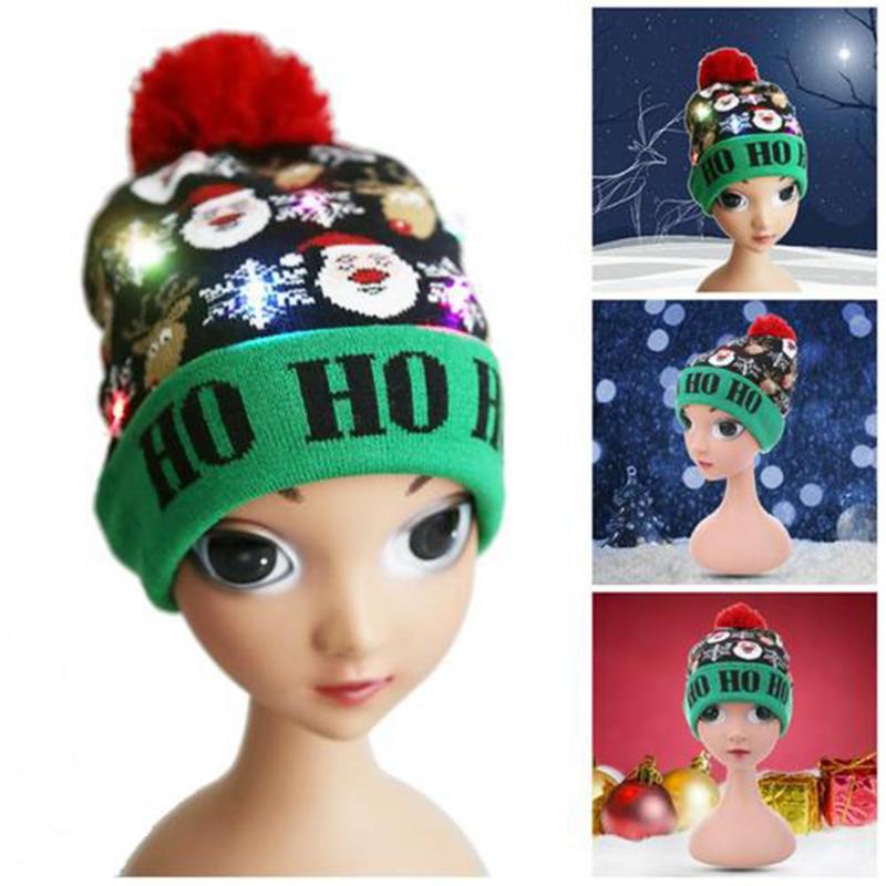

LED Christmas Knitted Hat For Children Women Colorful Shiny Knit Santa Hats Holiday Gift Party Christmas Decorations Elastic Cap