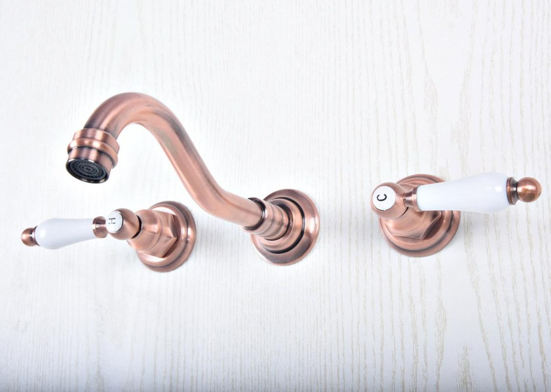 

Antique Red Copper Finish Wall Mounted Bathroom Basin Faucet Double Handles Widespread 3 Holes Mixer Tap Lsf504