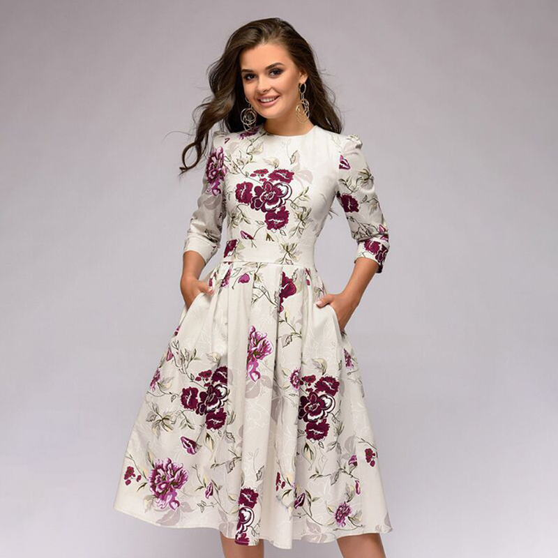 

Elegant Vintage A Line Swing Dress Tunic Women Floral Print High Waist Empire 3/4 Sleeve Robe Evening Party Dress Vestidos
