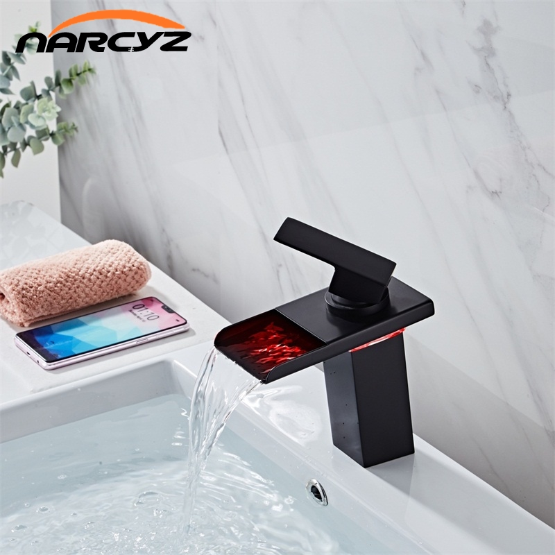 

Basin Faucets LED Light Black Waterfall Basin Tap for Bathroom Torneira Hot and Cold Deck Mounted Sink Mixer Tap A1019