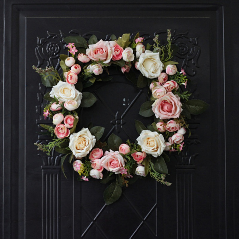 

Artificial Rose Flower Wreath Fake Floral Rattan Garland With Green Leaves For Front Door Window Wall Wedding Party Home Decor, Pink