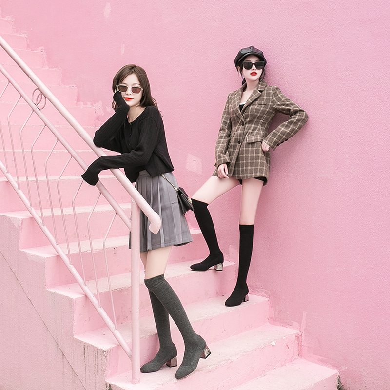 

Sooneeya Special Square Toe Long Boots Women Stretch High Quality Sexy Sock Shoes Ladies Mid Heel Long College Socks Boots Woman, Gray
