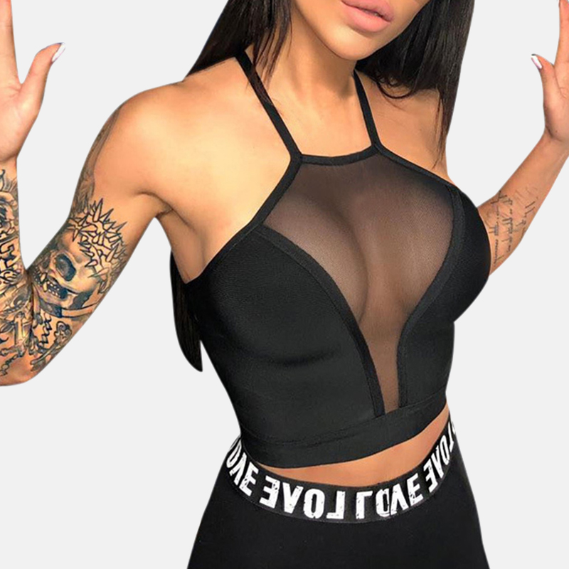 

Sexy Mesh Crop Top Summer Women Casual Tank Top Vest Blouse Sleeveless Sport Crop Tops Transparent Halter, Black