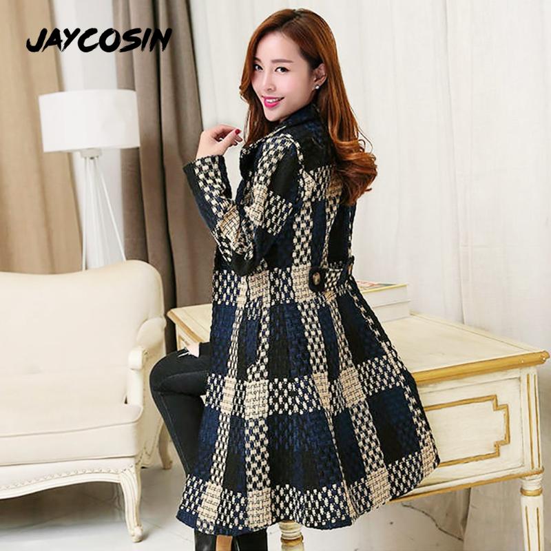 

JAYCOSIN Winter Coat Women Blended Plaid Belt Slim Trench Coat Long Sleeve Turn-Down Collar Oversize Jackets Women Warm, Ny
