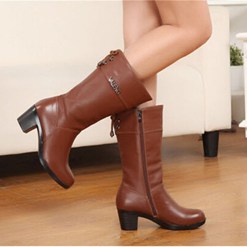 

Soft Leather High-heeled Middle Boots Female Wool Warm Shoes Women's High Heel Boot Size 35-43 Winter New Women's Mid-Calf Boots, Black velvet v45