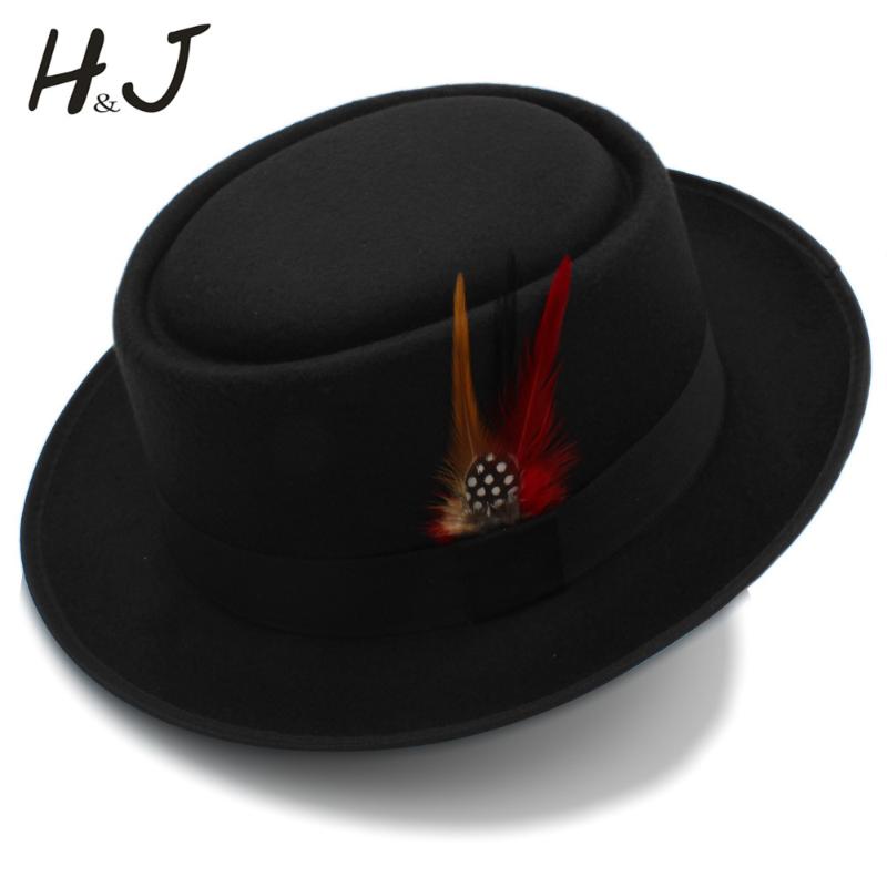 

Fashion Women Men Pork Pie Hat Dad Wool Flat Fedora Hat For Gentleman Gambler Panama Trilby With Fashion Feather Size 58CM, Black