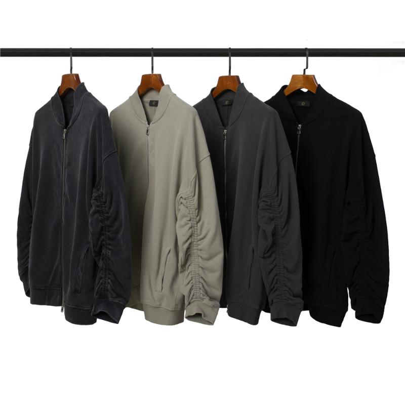 

Black Distressed Bomber jacket Ruched Sleeve Raglan Streetwear