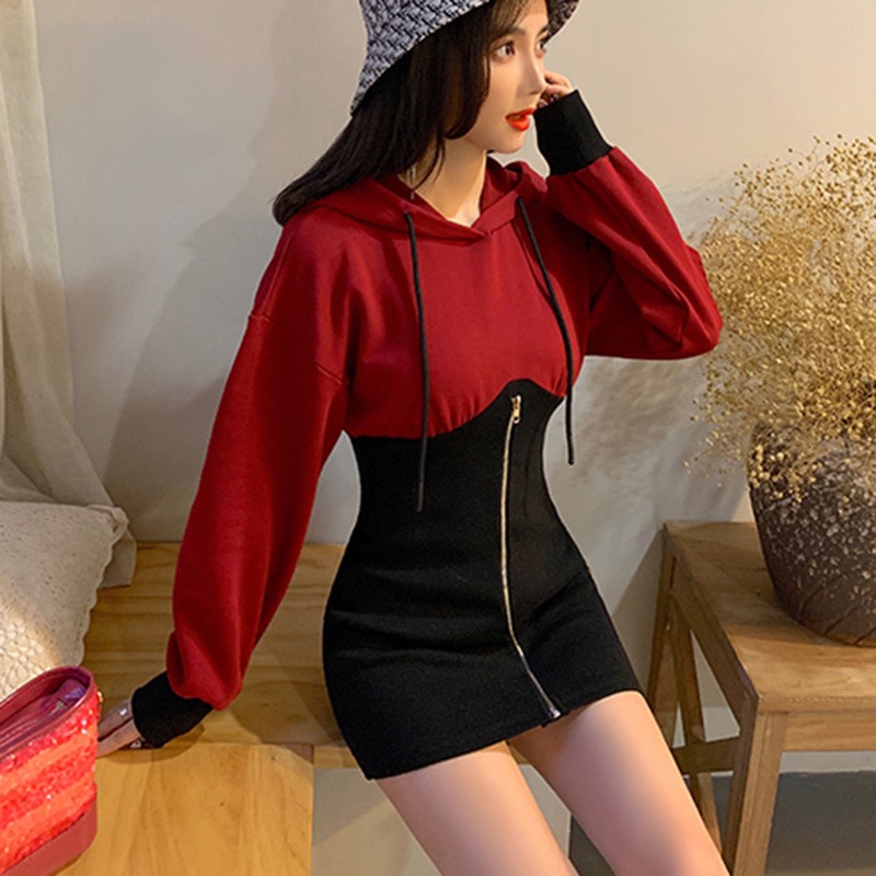 

Blackday Hot Autumn Hooded Dress Women Pactchwork Fashion Dress All-match Slim Hooded Sweatshirt Dress New Style, Red