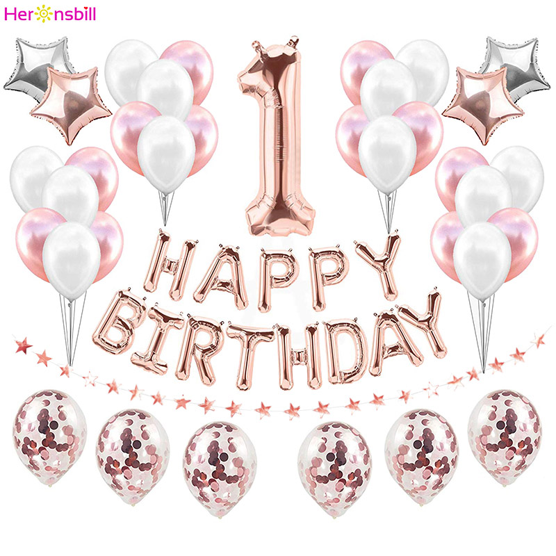 

First Happy Birthday Balloons Foil Number Ballon Banner 1st Baby Boy Girl Party Decorations My 1 One Year Supplies Rose Gold