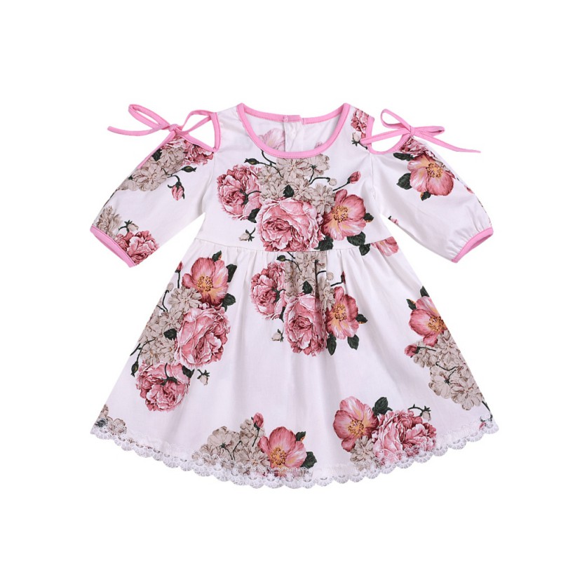 

Summer Casual Fashion Cute Baby Girl Rose Printing Bow-knot Half Sleeve Princess Dress·, White