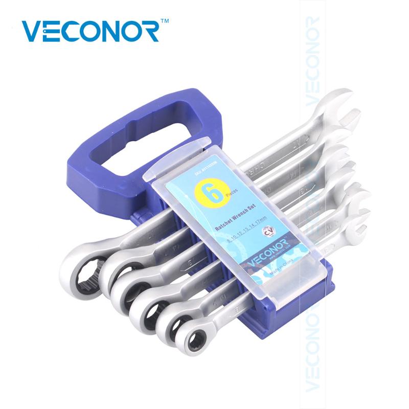 

6Pcs Ratchet Wrench Keys Set Ratcheting Spanner Tools 8-17mm Dull Polish 72T Fixed Ratchet Head Multi Tools with Free Rack
