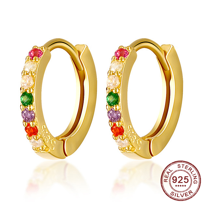 

Genuine 100% 925 Sterling Silver Colorful CZ Stones Small Hoop Earrings for Women Fashion Gold Color Round Earring Party Jewelry