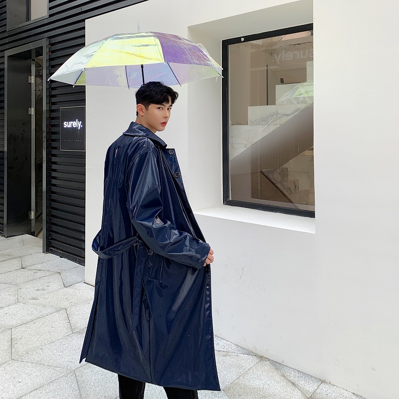 

Men Punk Overcoat Bright Shining Loose Casual Belt Long Trench Coat Male Streetwear Hip Hop Windbreaker Jacket Stage Clothing, 3021