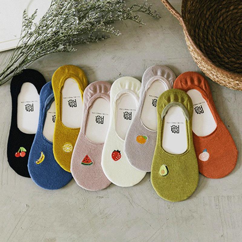 

Spring And Summer Japanese Cute Fruit Embroidery Socks Combed Cotton Shallow Mouth Boat Socks Girl Female Cotton, Gray