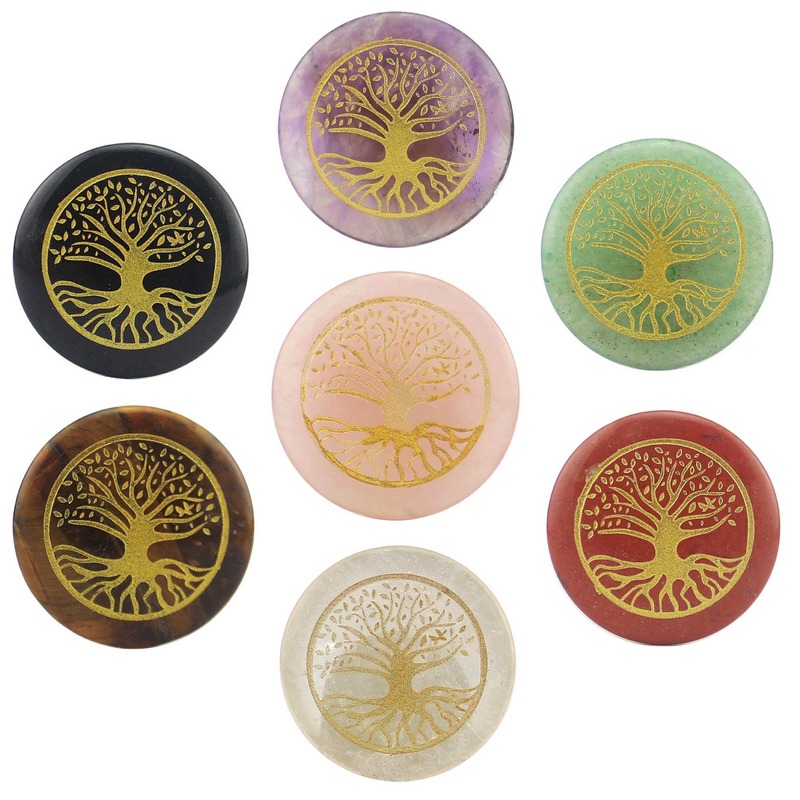 

1pc Natural Stone Crystal Tiger Eye Tree of Life Reiki Round Card Brand 30mm for Decorations Feng Shui Wicca DIY Jewelry Making