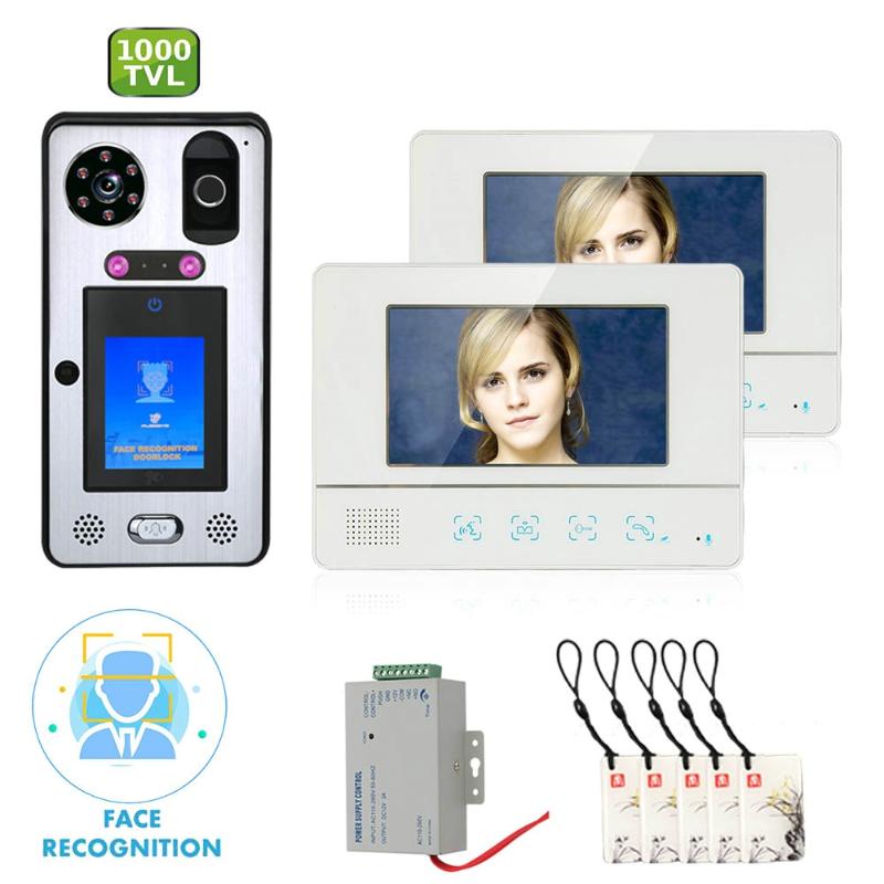 

7 inch 2 Monitor Video Door Phone Doorbell Intercom System with Face Recognition Fingerprint RFIC Wired 1000TVL Camera