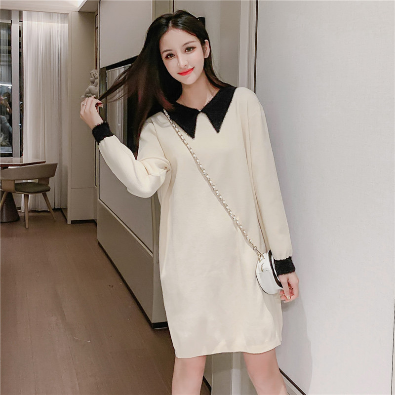 

COIGARSAM 4XL Plus Size Knitting Women dress Spring Dresses Rice White Light Coffee Color G921