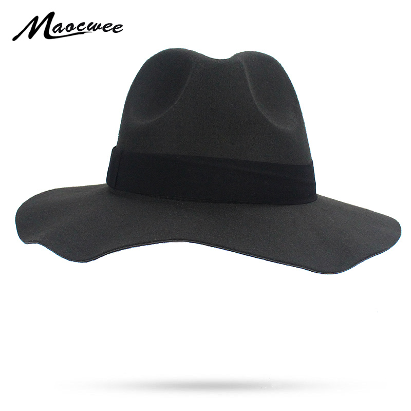 

Lady's Wide Brim Jazz Fedora Casual Black Soft Women Vintage Polyester Felt Bowler Fedora Hat Floppy Cloche Men Hats