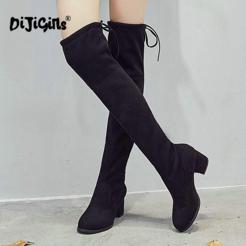 

New Arrive Women Boots Fashion Flock Lace Round Toe Over The Knee Boots Black Autumn Winter Thigh high