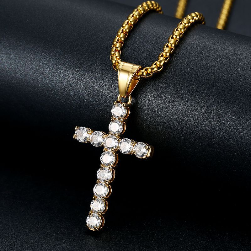 

Hip Hop CZ Stone Iced Out Bling Stainless Steel Cross Pendant Necklaces for Men Women Rapper Jewelry Gold Silver Color