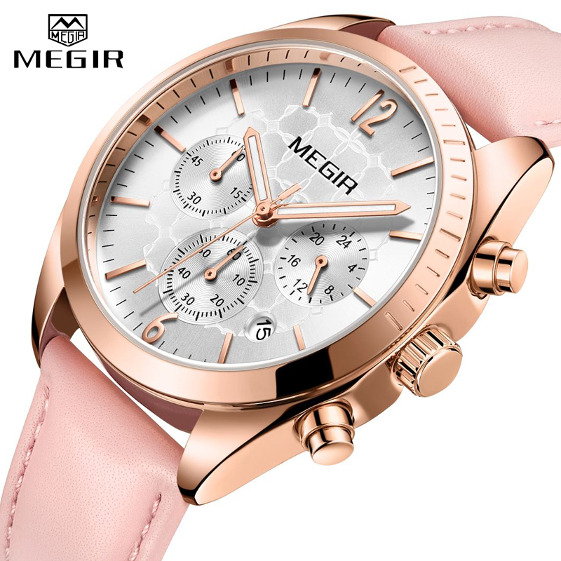 

MEGIR Ladies Watch Top Brand Female Clock Leather Strap Waterproof Watch 2020 Fashion Luminous Quartz Ladies Chronograph Relogio Feminino, Slivery;brown