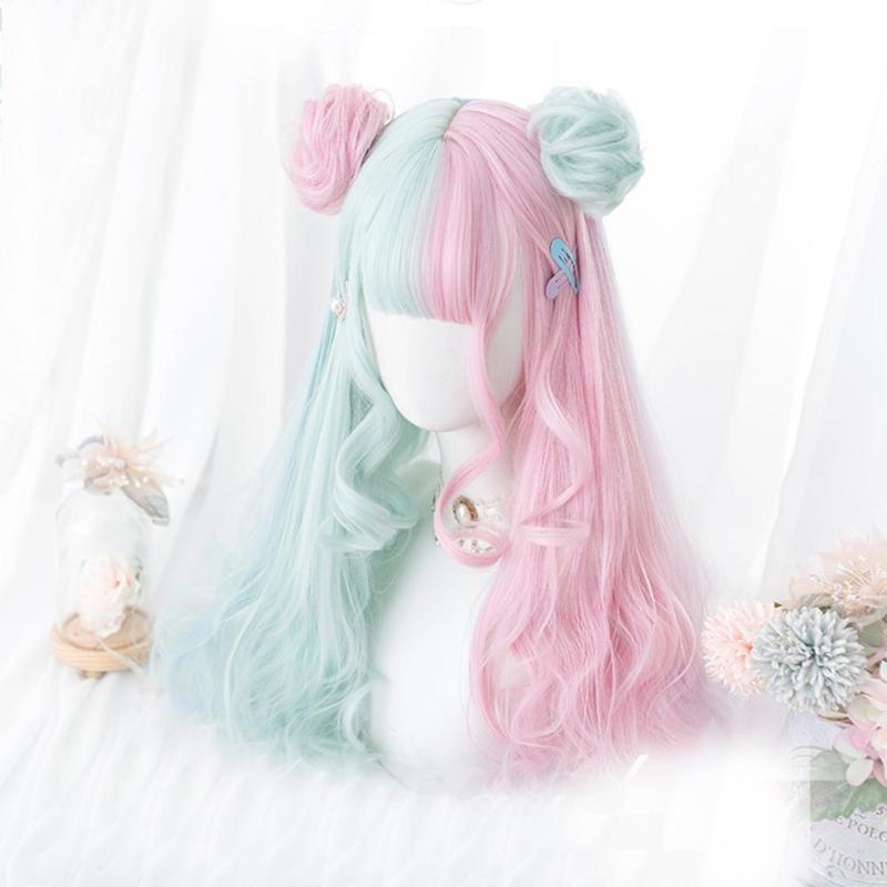 

Cosplaymix 57CM Lolita Makaron Color Pink Mixed Mint Green Blue Ombre Long Curly Bangs Cute Synthetic Buns Cosplay Wig, Wig and buns