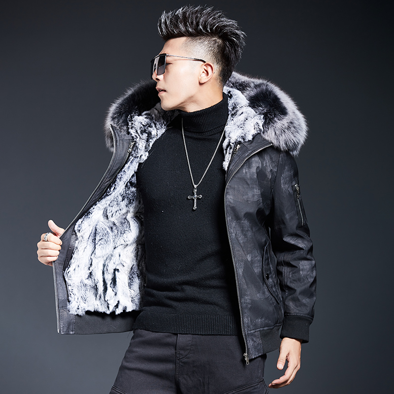 

Mens Parka Real Fur Coat Natural Rex Fur Liner Short Winter Jacket Collar Parkas Hombre 2020 19880 KJ3452, Black
