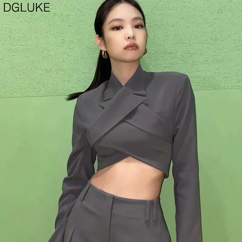 

DGLUKE 2020 BLACKPINK Sexy Blazer Suit Long Sleeve Backless Cropped Blazer and High Waist Pants Set Two Piece Gray Blazers Suits, Top