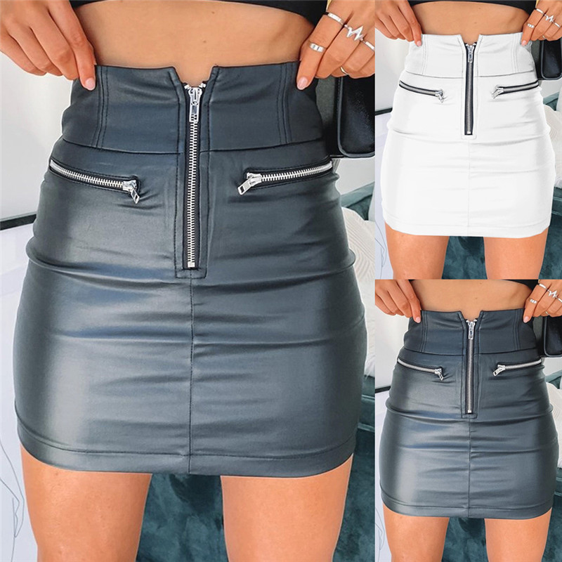 

Womens PU Leather Zipper Skirt High Waist Pencil Evening Party Club Wear Bodycon Short Mini Skirt Package Hip, Black