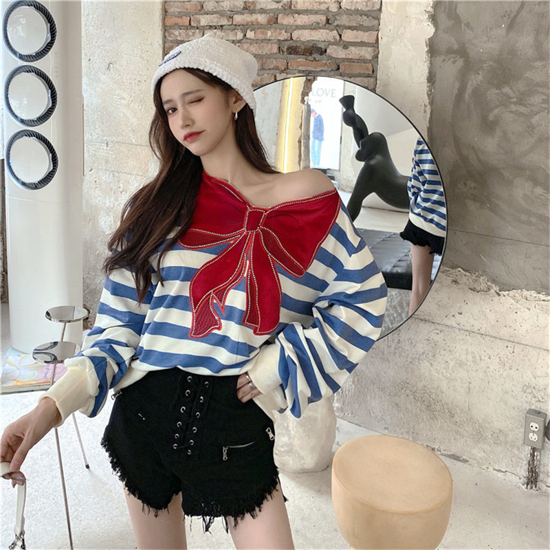 

Kawaii Loose Sweatshirt Sailor Moon Women's Fashion Autumn Top 2020 New Fashion Loose Long-sleeved Bowknot Striped Casual Hoodie, Multi