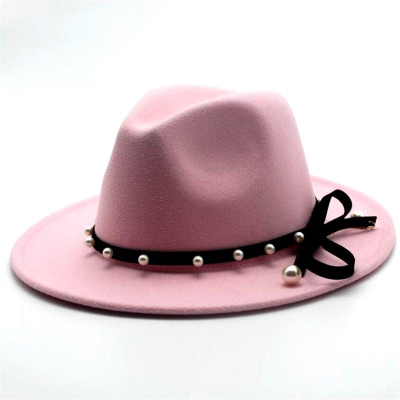 

Fashion Women Men Wool Fedora Hat With Punk Rivet Elegant Lady Party Hat Bowknot Size 56-58CM, Pink