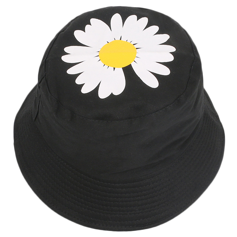 

Fashion hat summer double-sided fisherman hat embroidery printed Daisy men and women sunshade simple all-match basin, White color flower