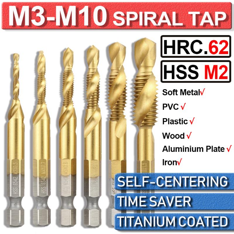 

6Pcs M3-M10 Combination Drill Sprial Tap Bit Set HSS Titanium Coated 1/4'' Hex Shank Thread Cutter Metal Woodworking Tools D30