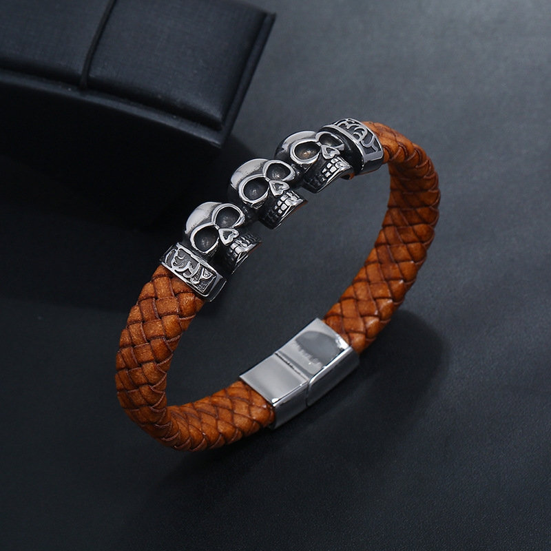 

Hot Sale Stainless Steel Skull Leather Bracelet Retro Woven Men's Titanium Steel PU Bracelets Fashion Jewelry Accessories